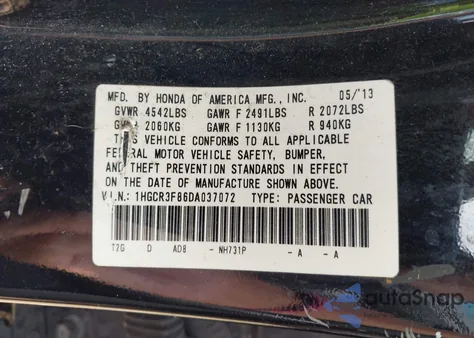 2013 Honda Accord Ex-L V-6 from USA, damaged, VIN 1HGCR3F86DA037072
